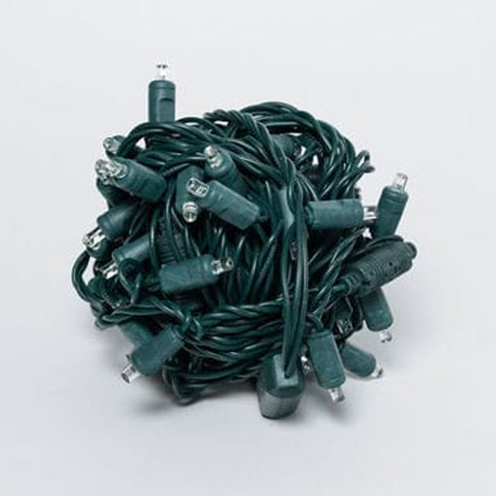 Tightly coiled bundle of Cool White 5mm LED mini lights with a dark green wire. Cool White 5mm 50L 6"