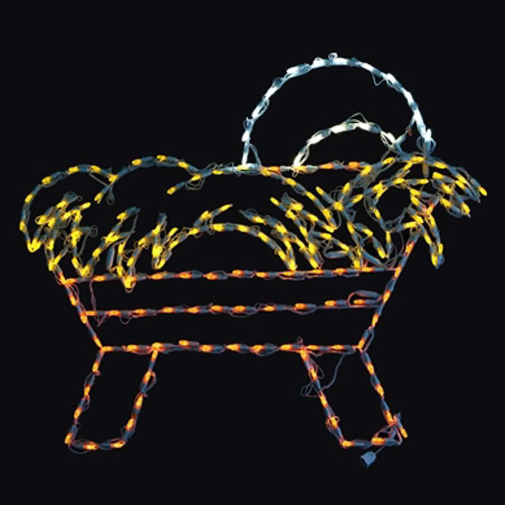 Integrated LED display element with a low-voltage, ground-standing design. The outline of the manger is achieved using a durable, dark wireframe wrapped in two different circuits of lights.