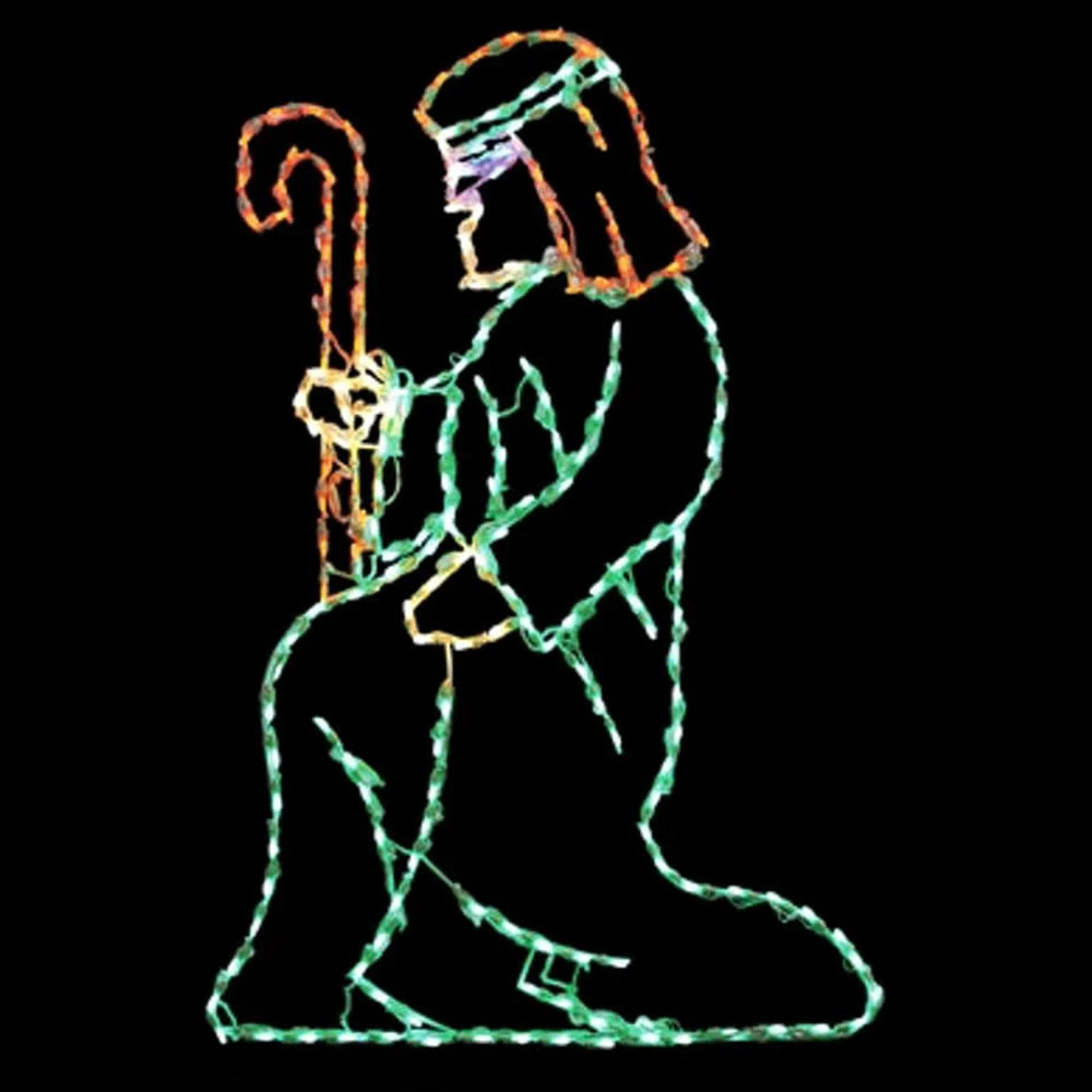 Segmented light motif of a figure of Joseph, engineered for external Christmas nativity displays. The wireframe construction is fully wrapped in multi-color LED lights.
