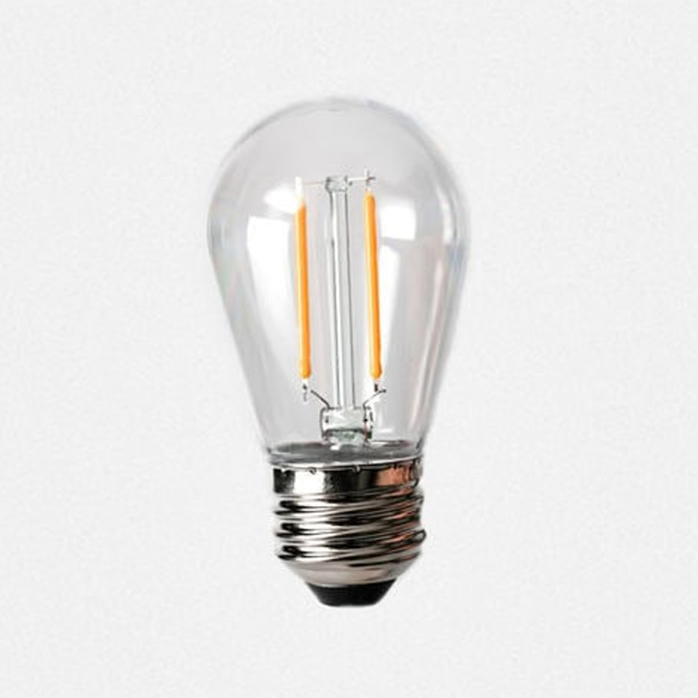 S14-style Outdoor Bistro LED light bulb with a clear glass shell, featuring two visible Sun Warm White (amber) filaments and an Edison screw base. Outdoor Bistro Edison Double Filament Sun Warm White 12V