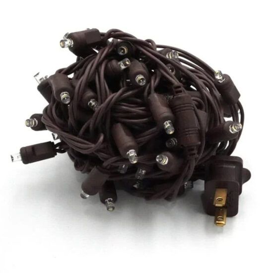 Tightly bundled spool of Warm White 5mm LED string lights with a brown wire and plug. Warm White 5mm w/ Brown Wire 50L